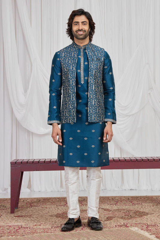 Teal Blue Colour Art Silk Embroidery Work 3 Pcs  Kurta Jacket Set KP1230606