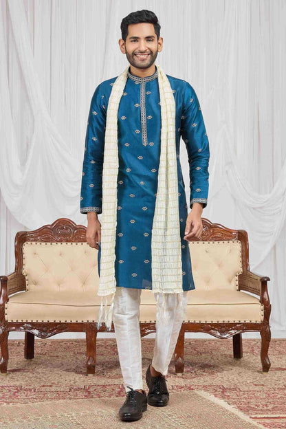Teal Blue Colour Art Silk Embroidery Work Kurta Pajama With Dupatta
