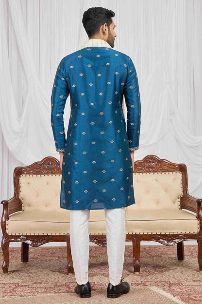 Teal Blue Colour Art Silk Embroidery Work Kurta Pajama With Dupatta