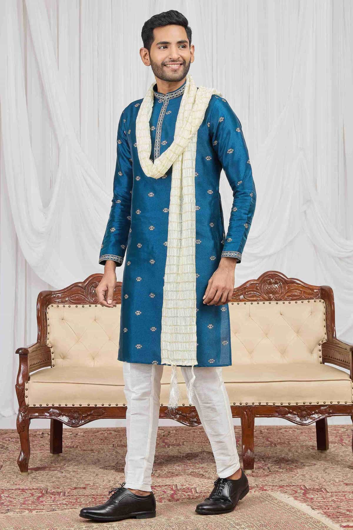 Teal Blue Colour Art Silk Embroidery Work Kurta Pajama With Dupatta