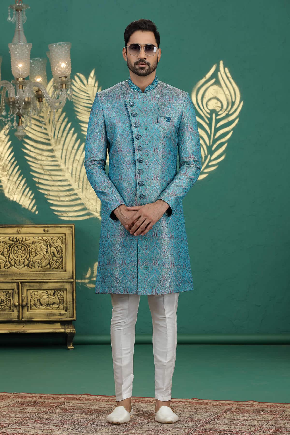 Teal Blue Colour Banarasi Jacquard Embroidery Sherwani