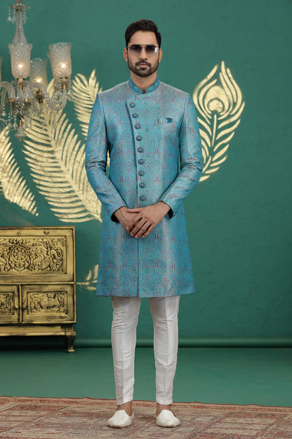 Teal Blue Colour Banarasi Jacquard Embroidery Sherwani