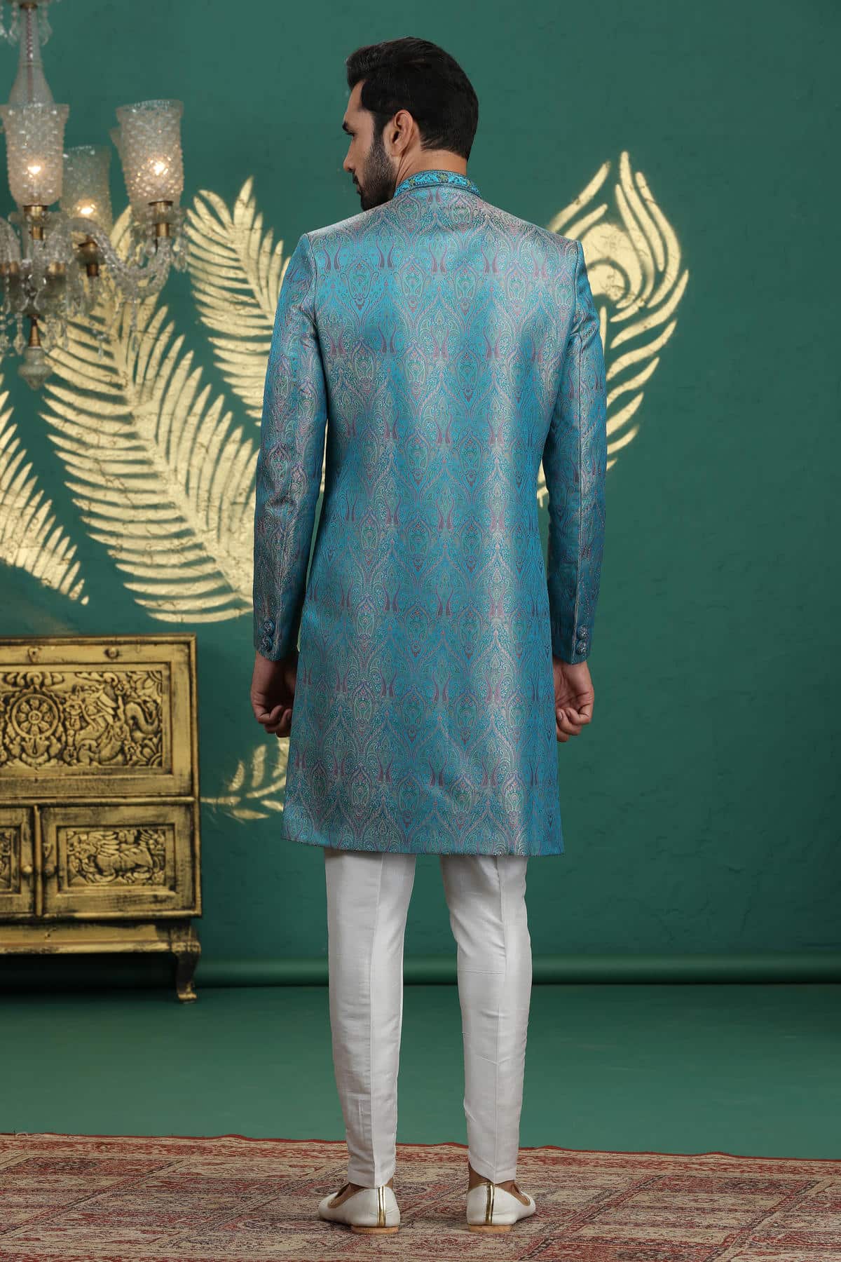Teal Blue Colour Banarasi Jacquard Embroidery Sherwani