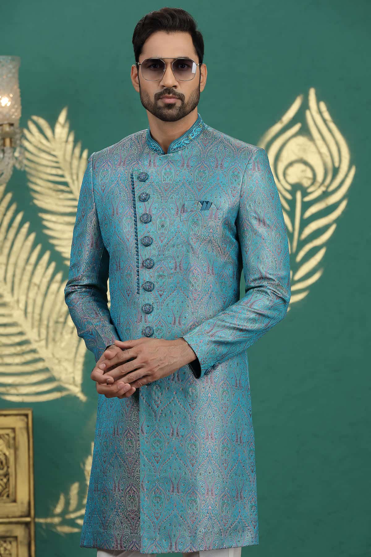 Teal Blue Colour Banarasi Jacquard Embroidery Sherwani