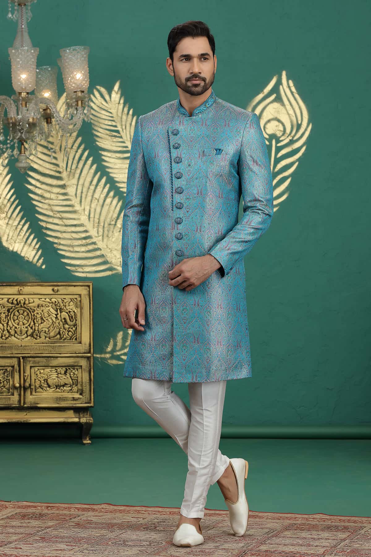 Teal Blue Colour Banarasi Jacquard Embroidery Sherwani