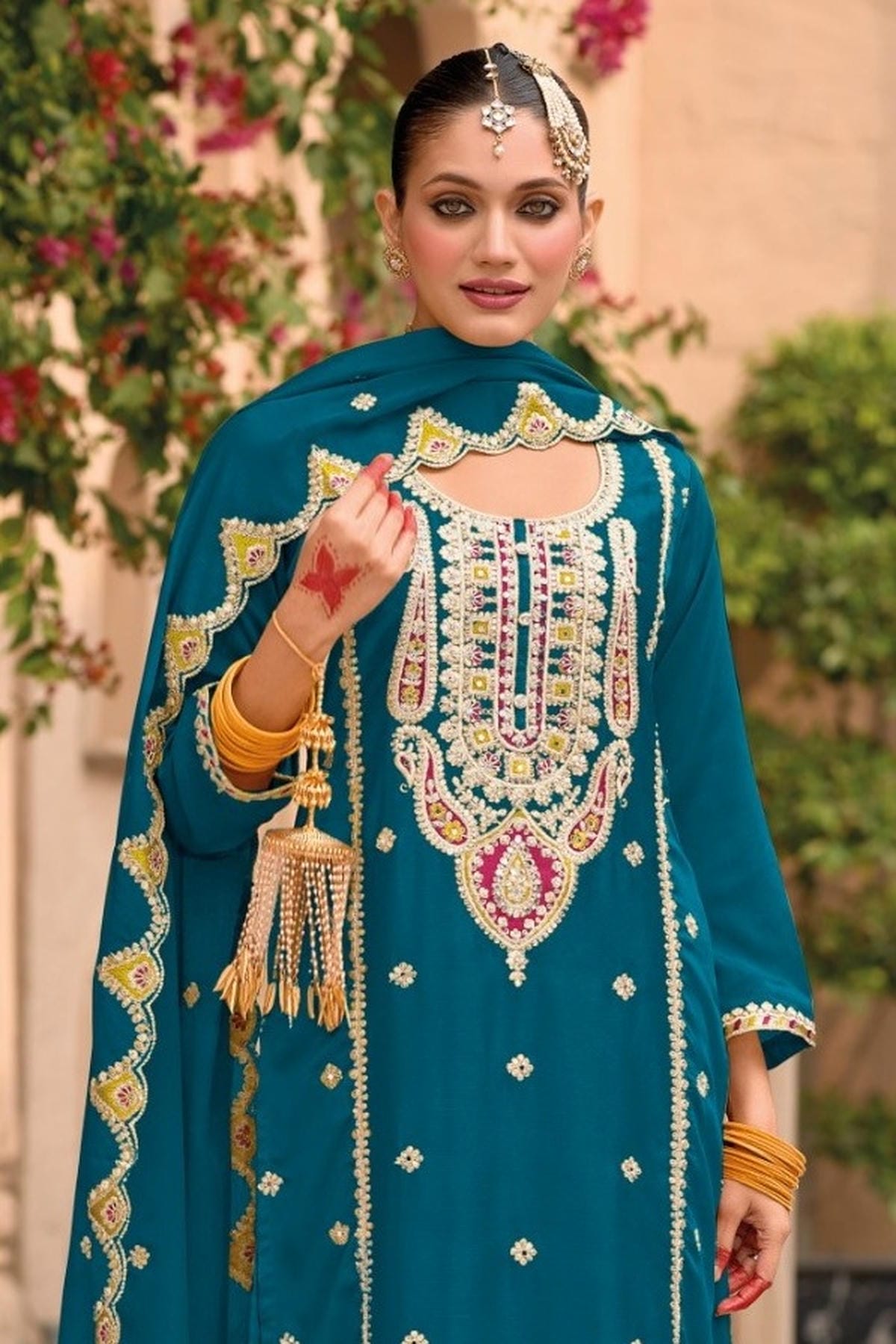 Teal Blue Colour Chinon Embroidery Work Palazzo Pant Suit