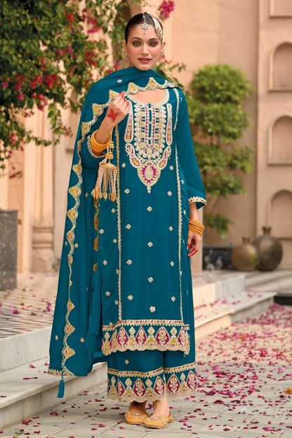 Teal Blue Colour Chinon Embroidery Work Palazzo Pant Suit