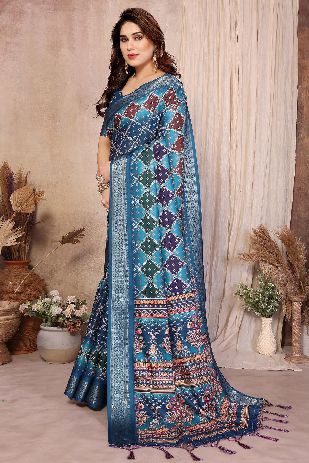 Teal Blue Colour Cotton Silk Printed Saree