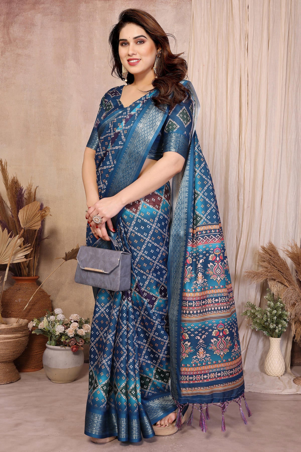 Teal Blue Colour Cotton Silk Printed Saree