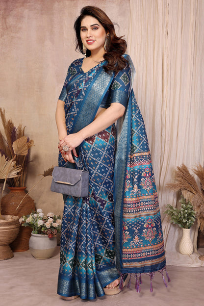 Teal Blue Colour Cotton Silk Printed Saree