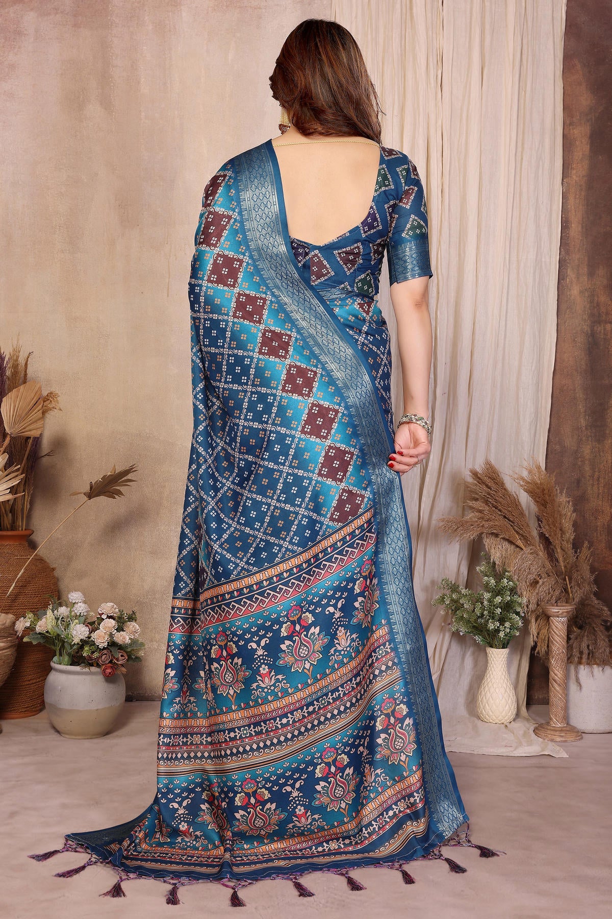 Teal Blue Colour Cotton Silk Printed Saree