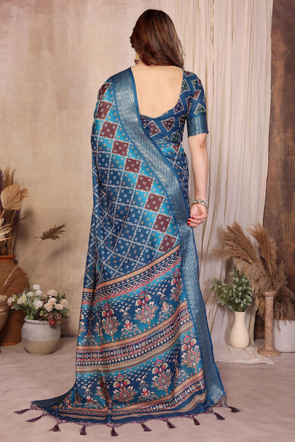 Teal Blue Colour Cotton Silk Printed Saree