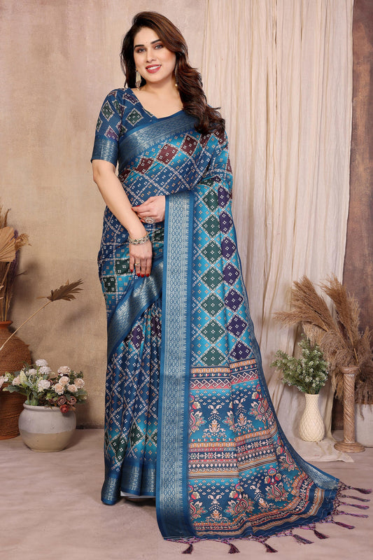 Teal Blue Colour Cotton Silk Printed Saree