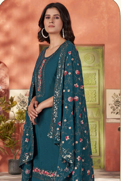 Teal Blue Colour Embroidery Georgette Stitched Suit SS1112504 A