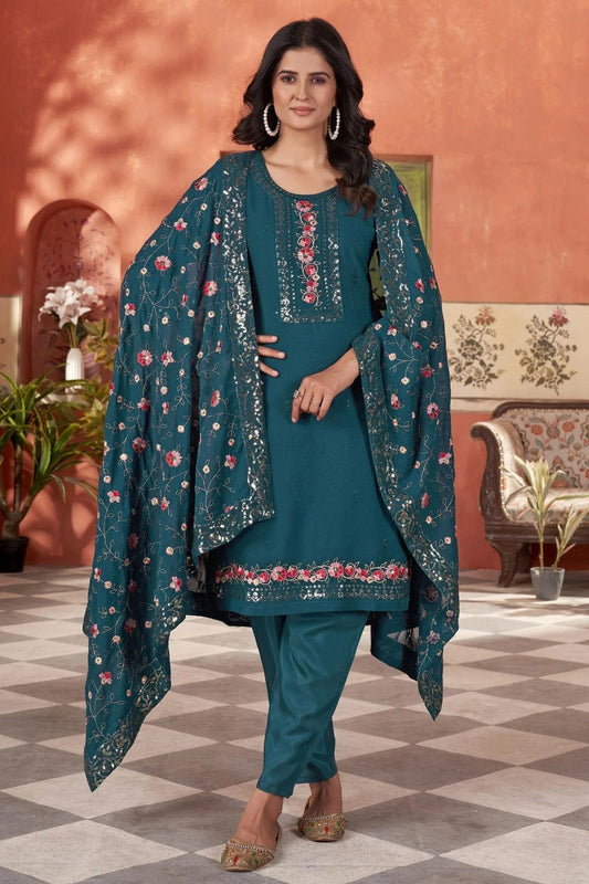 Teal Blue Colour Embroidery Georgette Stitched Suit SS1112504
