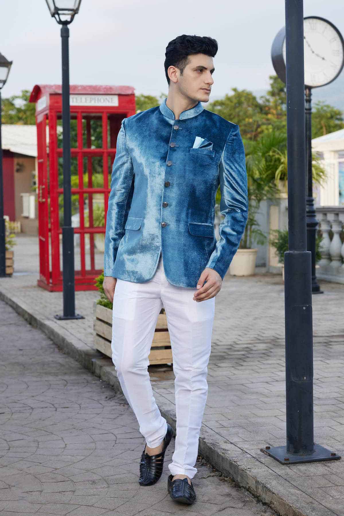 Teal Blue Colour Embroidery Velvet Jodhpuri JP1230647