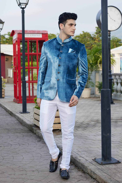 Teal Blue Colour Embroidery Velvet Jodhpuri JP1230647