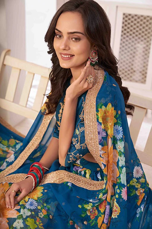 Teal Blue Colour Georgette Designer Lehenga Choli LC1240047 B
