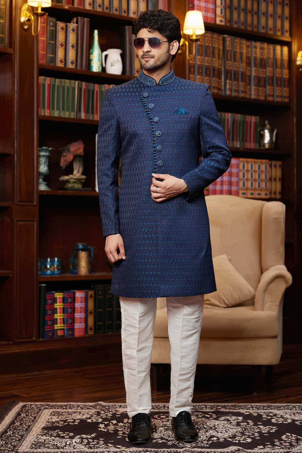 Teal Blue Colour Jacquard Silk Embroidery Work Indo Western