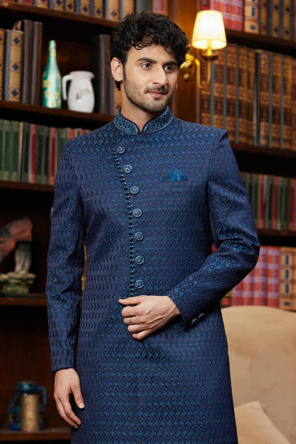 Teal Blue Colour Jacquard Silk Embroidery Work Indo Western