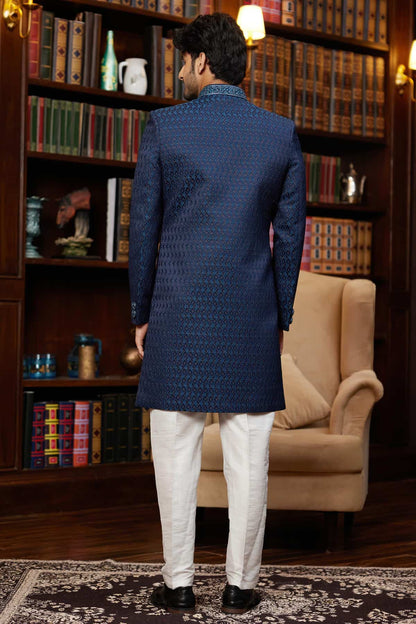 Teal Blue Colour Jacquard Silk Embroidery Work Indo Western