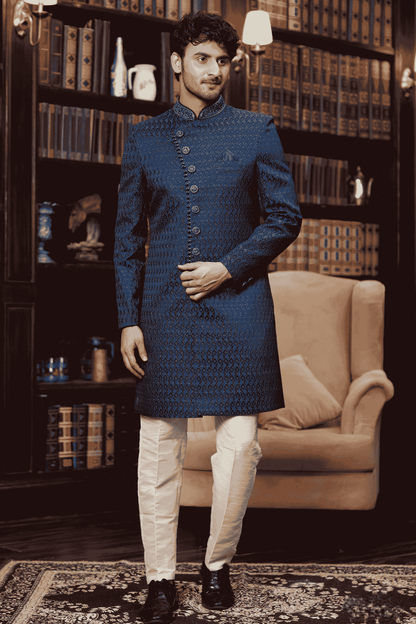 Teal Blue Colour Jacquard Silk Embroidery Work Indo Western