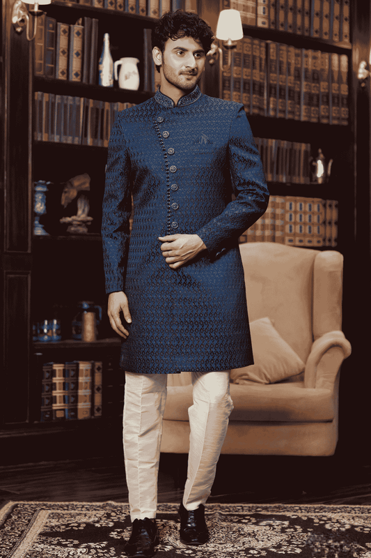 Teal Blue Colour Jacquard Silk Embroidery Work Indo Western