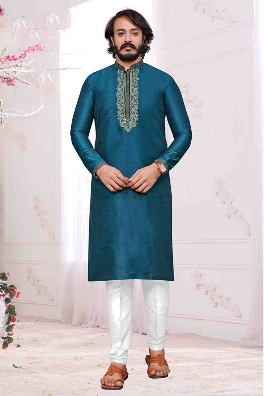 Teal Blue Colour Kurta Pajama In Art Silk KP1210091