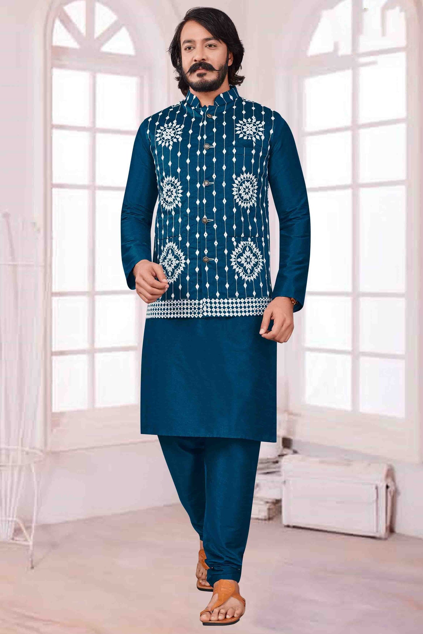 Teal Blue Colour Kurta Pajama With Jacket In Art Silk KP1210380