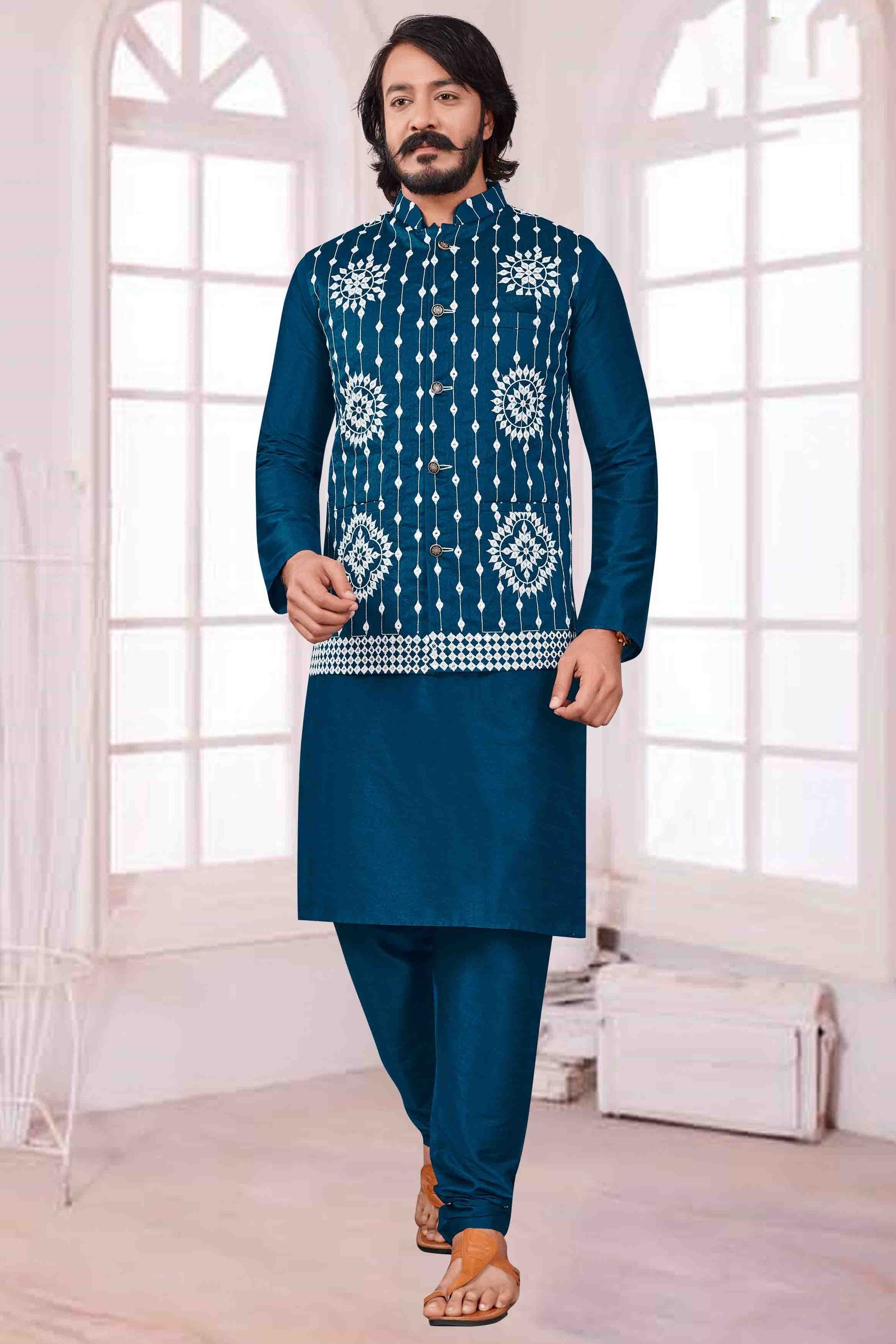 Teal Blue Colour Kurta Pajama With Jacket In Art Silk KP1210380