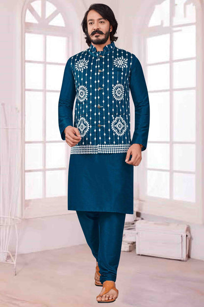 Teal Blue Colour Kurta Pajama With Jacket In Art Silk KP1210380
