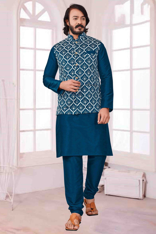 Teal Blue Colour Kurta Pajama With Jacket In Art Silk KP1210391