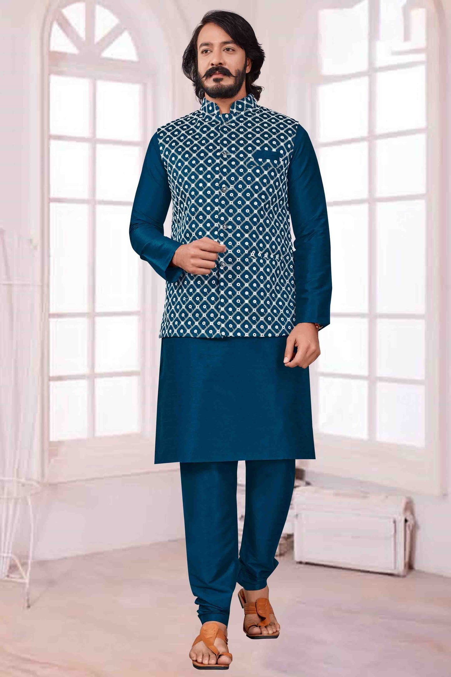 Teal Blue Colour Kurta Pajama With Jacket In Art Silk KP1210400