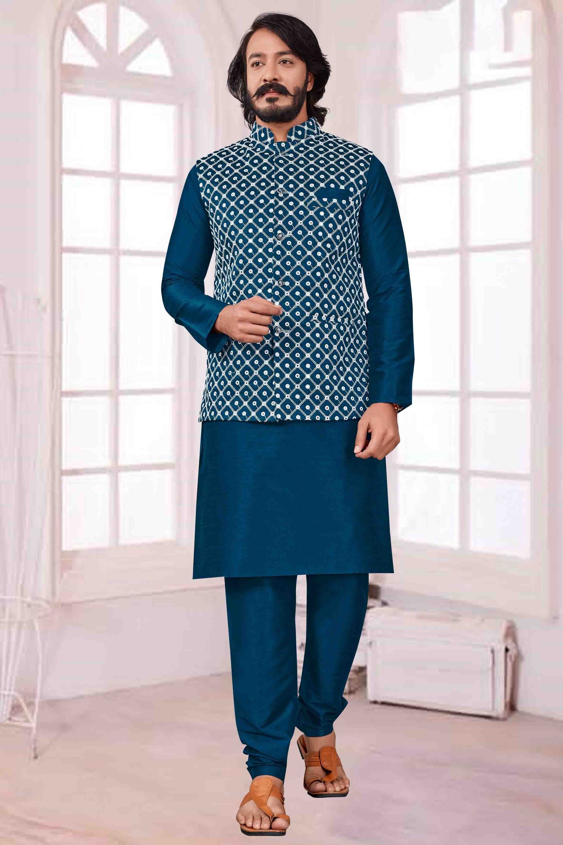 Teal Blue Colour Kurta Pajama With Jacket In Art Silk KP1210400