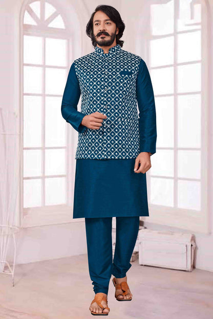 Teal Blue Colour Kurta Pajama With Jacket In Art Silk KP1210400