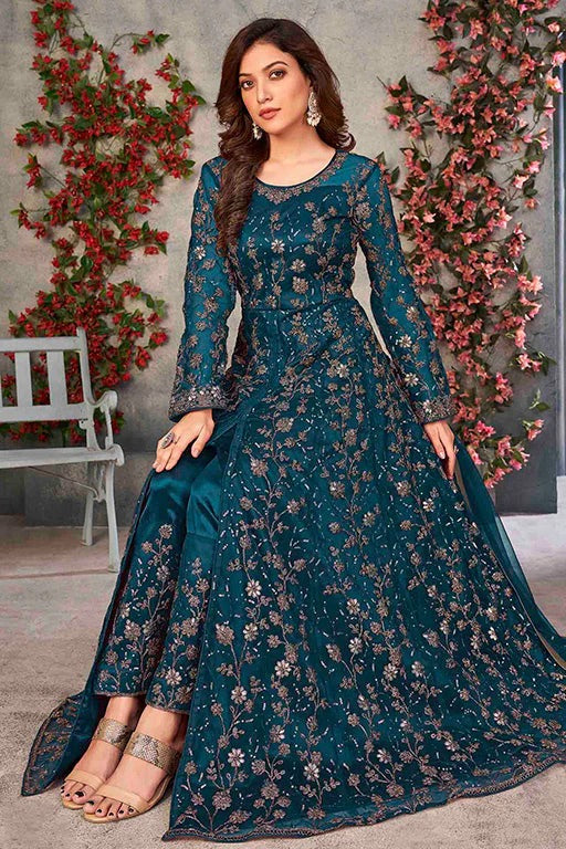 Teal Blue Colour Net Semi Stitched Pant Style Suit SM1050324 A