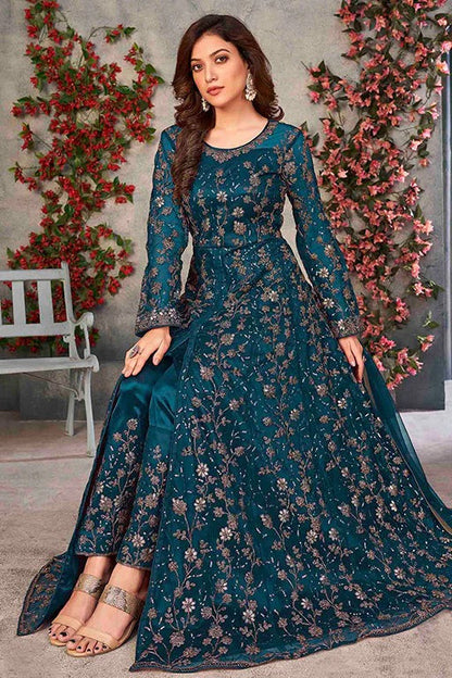Teal Blue Colour Net Semi Stitched Pant Style Suit SM1050324 A