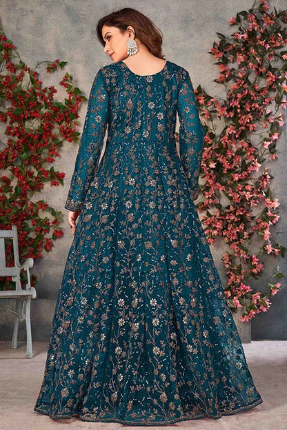 Teal Blue Colour Net Semi Stitched Pant Style Suit SM1050324 B