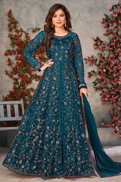 Teal Blue Colour Net Semi Stitched Pant Style Suit SM1050324