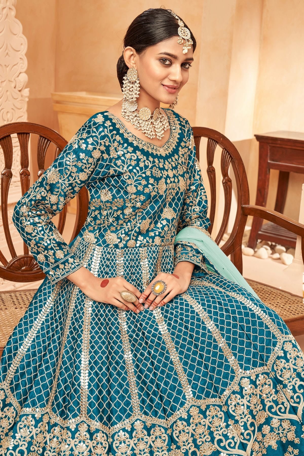 Teal Blue Colour Semi Stitched Art Silk Anarkali Suit SM1050405 A