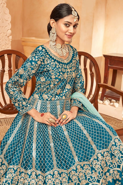Teal Blue Colour Semi Stitched Art Silk Anarkali Suit SM1050405 A