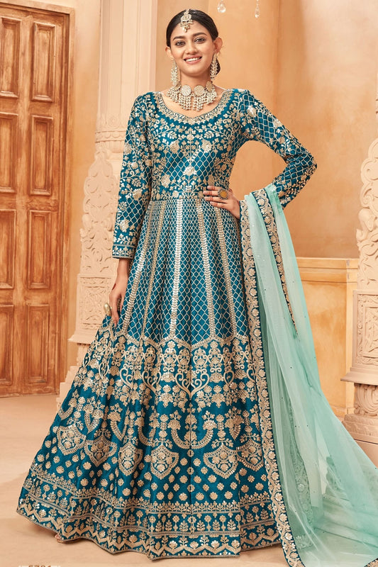 Teal Blue Colour Semi Stitched Art Silk Anarkali Suit SM1050405