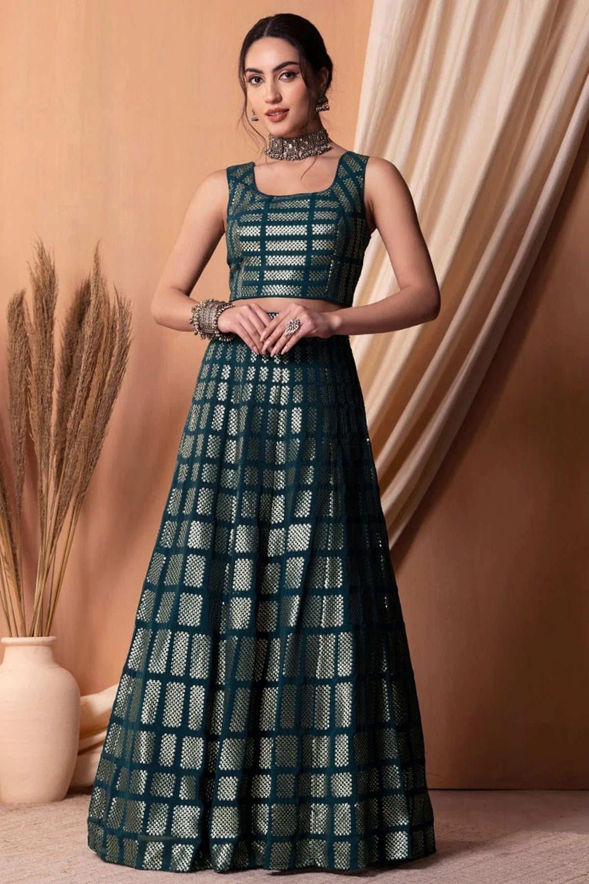 Teal Blue Colour Semi Stitched Georgette Lehenga Choli LC1010304 A