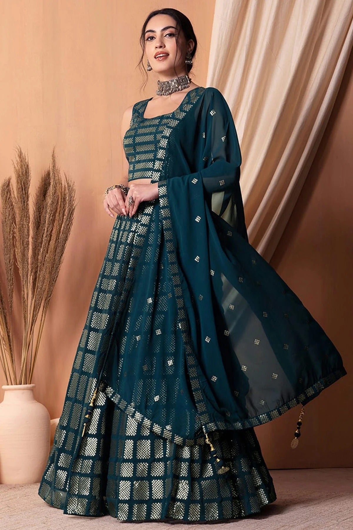 Teal Blue Colour Semi Stitched Georgette Lehenga Choli LC1010304