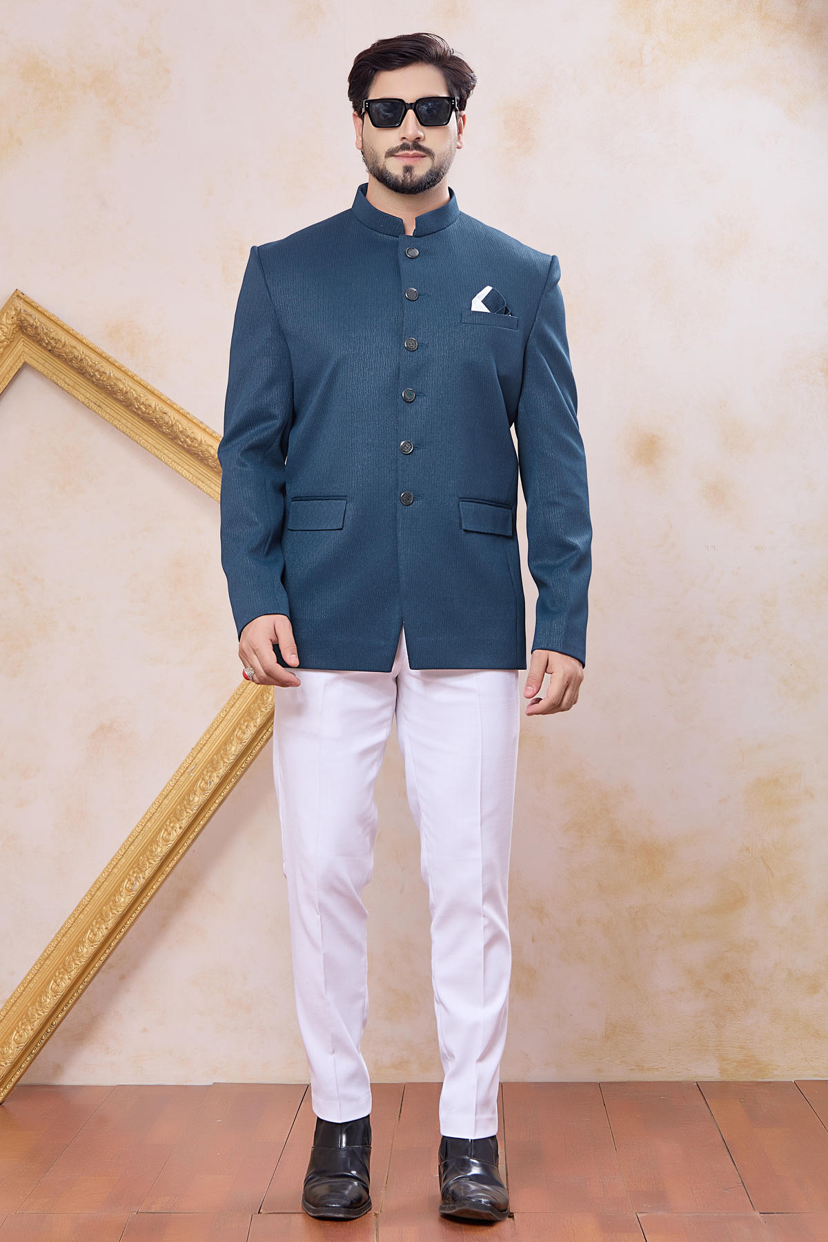 Teal Blue Colour Thread Work Embroidery Imported Fabric Jodhpuri