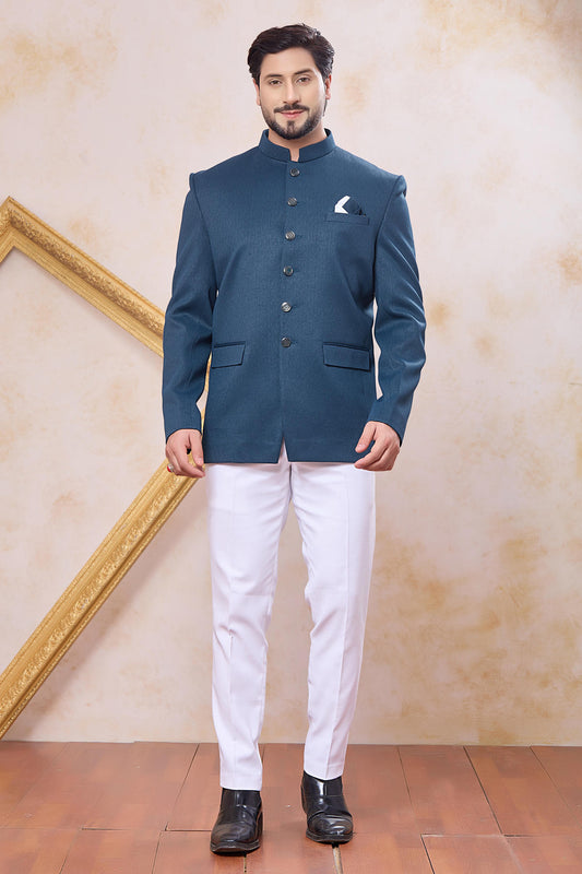 Teal Blue Colour Thread Work Embroidery Imported Fabric Jodhpuri