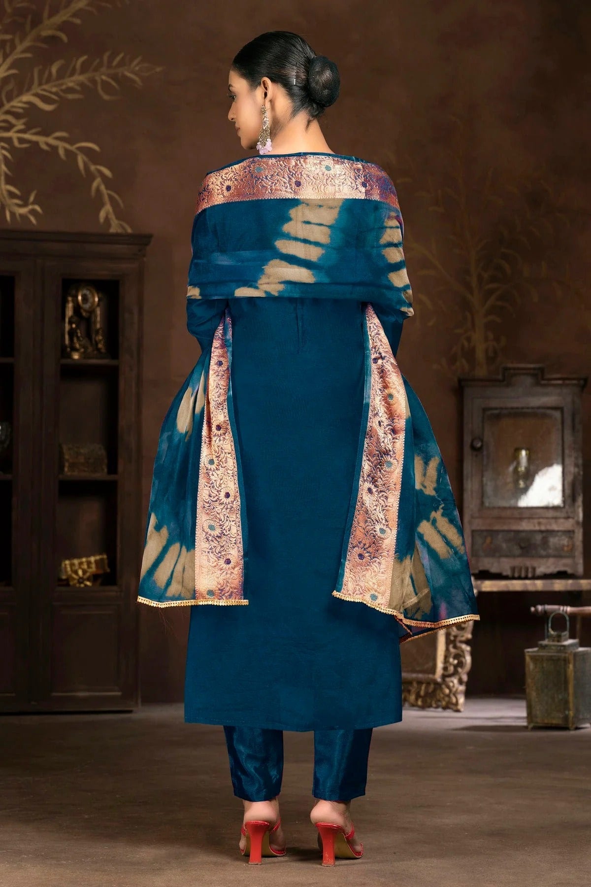 Teal Blue Colour Unstitched Cotton Jacquard Pant Style Suit US1161318 A