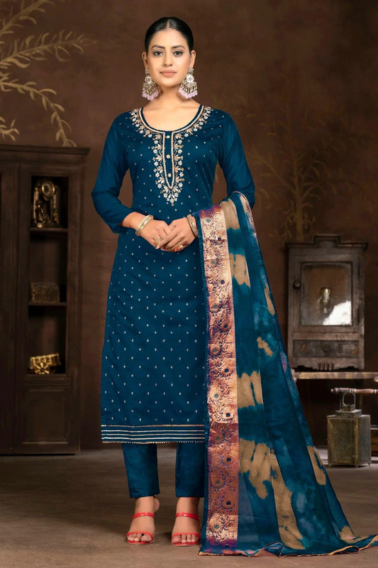 Teal Blue Colour Unstitched Cotton Jacquard Pant Style Suit US1161318