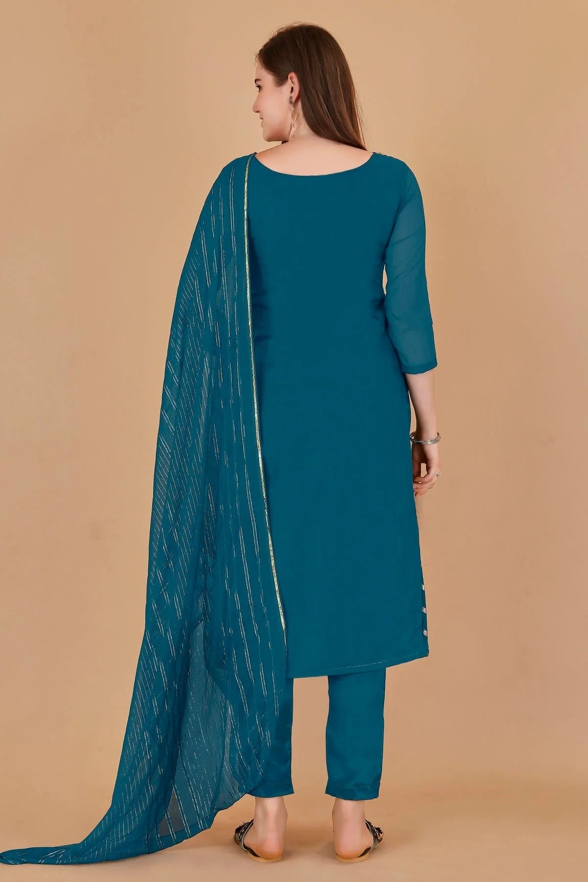 Teal Blue Colour Unstitched Organza Jacquard Fabric Straight Suit US1161028 A