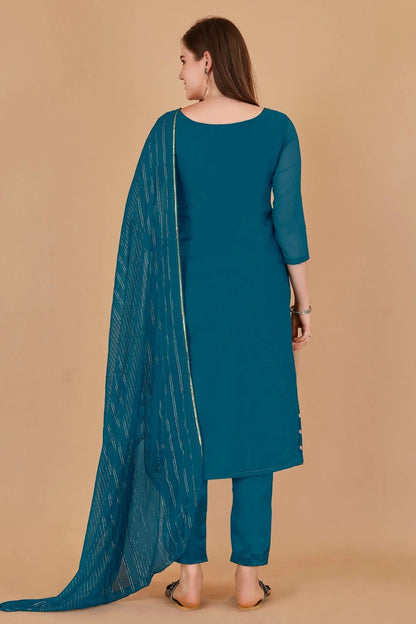 Teal Blue Colour Unstitched Organza Jacquard Fabric Straight Suit US1161028 A